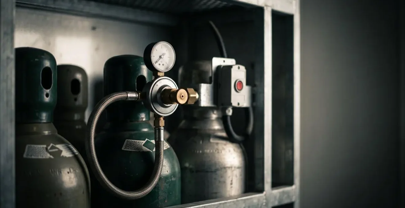 Bouteilles de gaz propane sécurisées dans un compartiment étanche de camping-car avec détails des raccords de sécurité