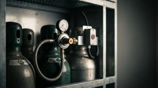 Bouteilles de gaz propane sécurisées dans un compartiment étanche de camping-car avec détails des raccords de sécurité