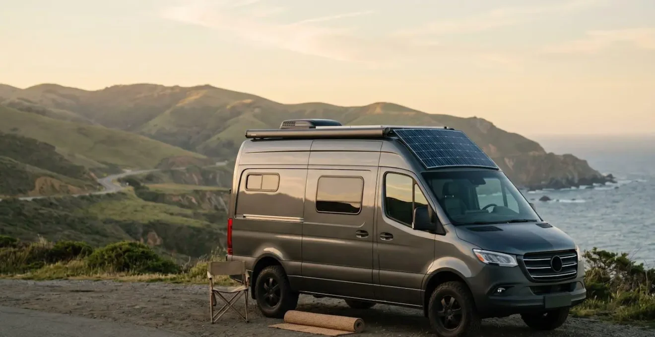 Camping-car moderne haut de gamme stationné dans un environnement naturel sécurisé