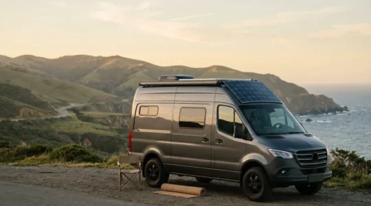 Camping-car moderne haut de gamme stationné dans un environnement naturel sécurisé