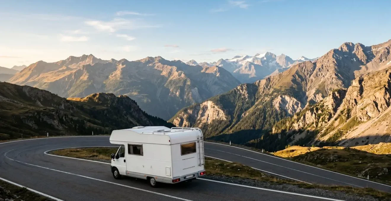 Camping-car à capucine circulant sur route de montagne avec famille à bord illustrant le voyage familial en véhicule de loisirs