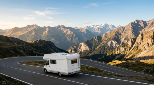 Camping-car à capucine circulant sur route de montagne avec famille à bord illustrant le voyage familial en véhicule de loisirs