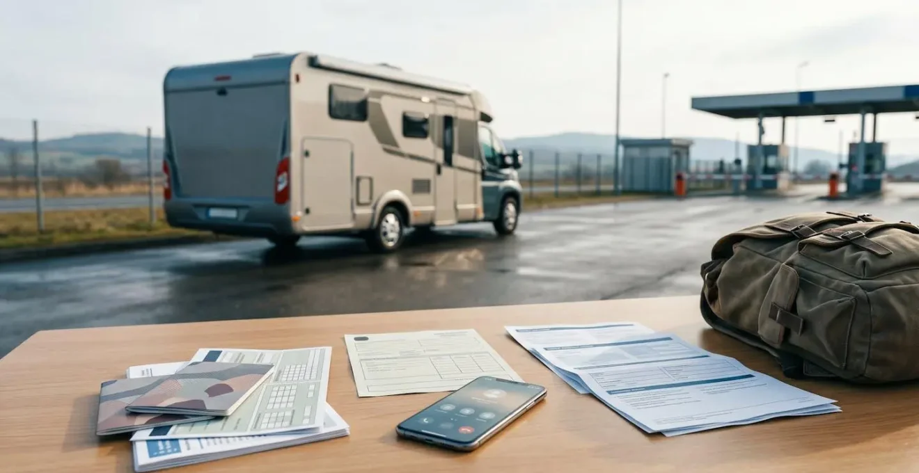 Camping-car garé à une frontière avec documents d'assurance et téléphone d'urgence en vue