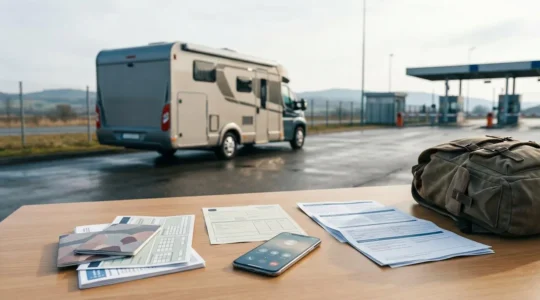 Camping-car garé à une frontière avec documents d'assurance et téléphone d'urgence en vue