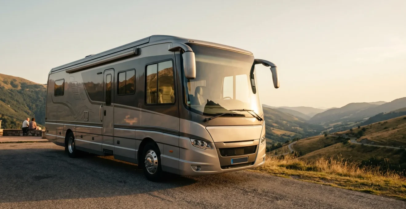 Camping-car intégral panoramique de luxe stationné avec immense pare-brise avant illustrant les défauts cachés de ce type de véhicule