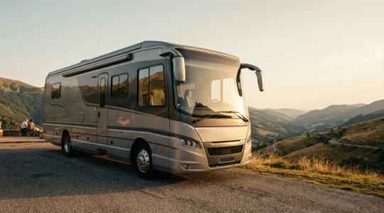 Camping-car intégral panoramique de luxe stationné avec immense pare-brise avant illustrant les défauts cachés de ce type de véhicule