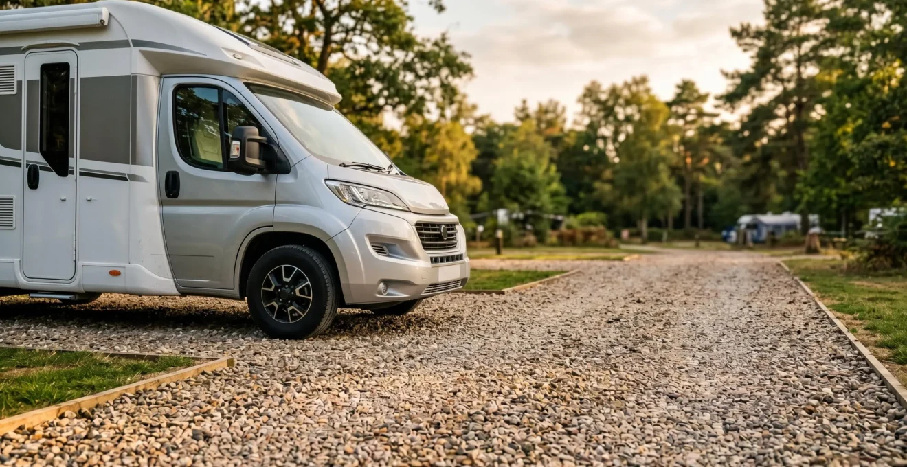 Camping-car intégral moderne stationné sur un emplacement stabilisé avec gravier compacté, illustrant la protection mécanique