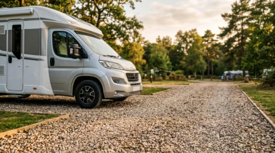 Camping-car intégral moderne stationné sur un emplacement stabilisé avec gravier compacté, illustrant la protection mécanique