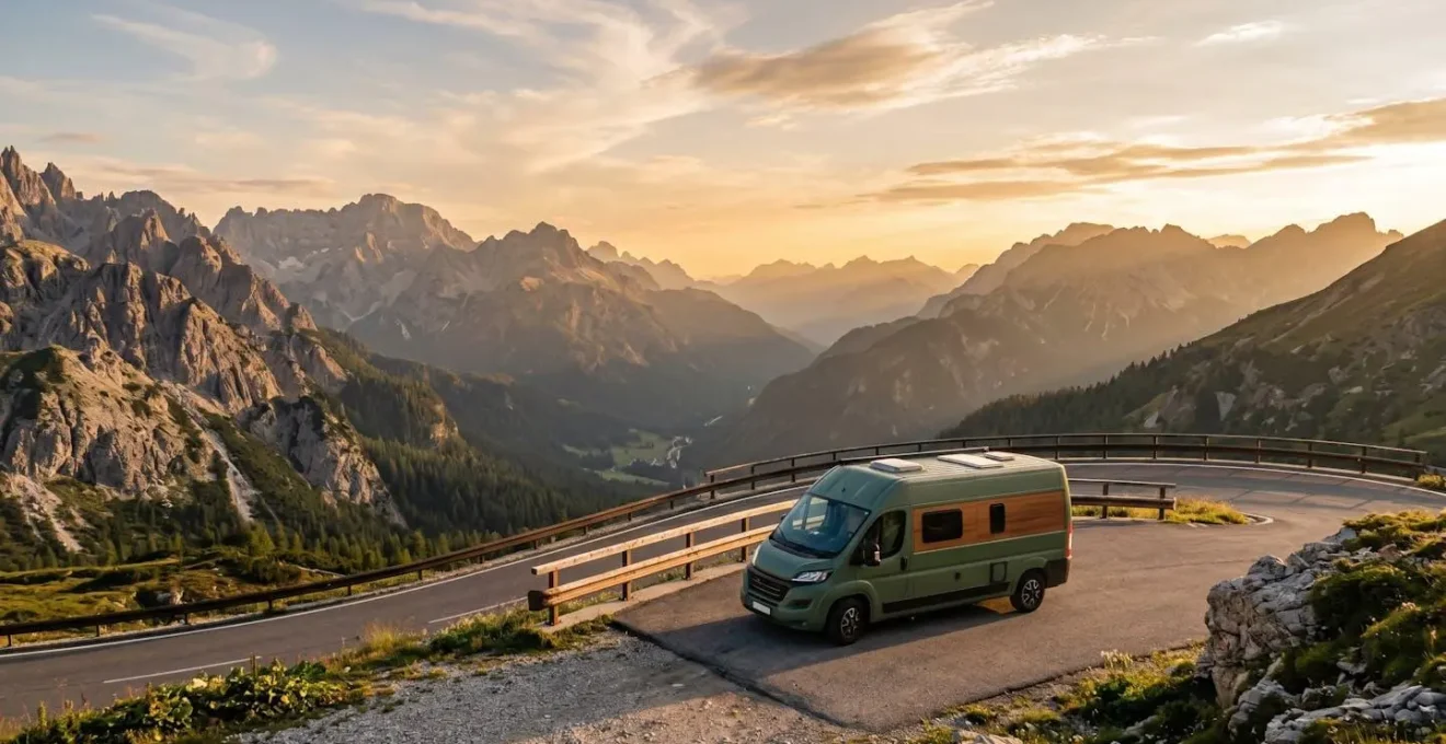 Vue d'ensemble d'un camping-car moderne sur une route de montagne illustrant les garanties essentielles pour la location entre particuliers