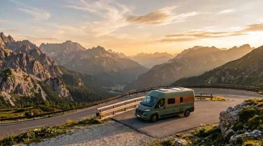 Vue d'ensemble d'un camping-car moderne sur une route de montagne illustrant les garanties essentielles pour la location entre particuliers