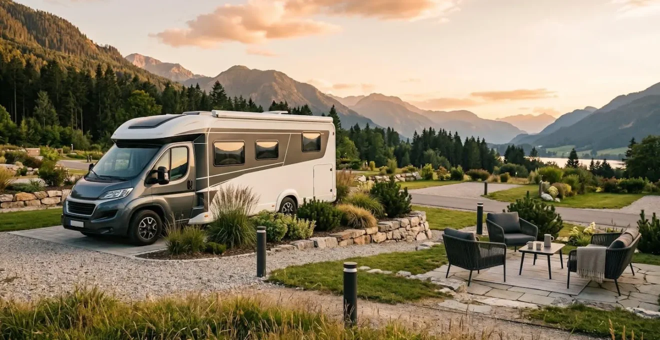 Camping-car haut de gamme stationné sur un emplacement premium avec vue panoramique et espaces privatifs