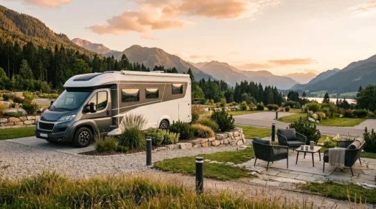 Camping-car haut de gamme stationné sur un emplacement premium avec vue panoramique et espaces privatifs