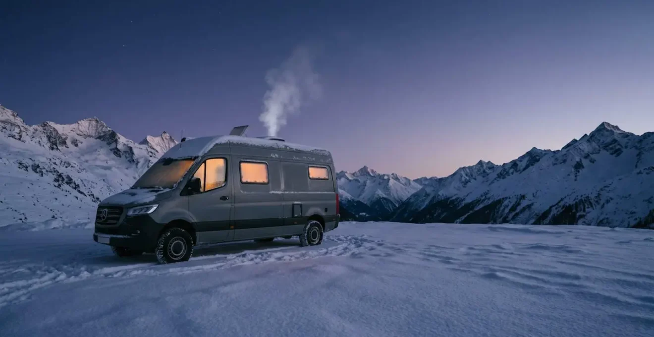 Camping-car en montagne enneigée lors d'une nuit froide d'hiver avec équipements hivernaux