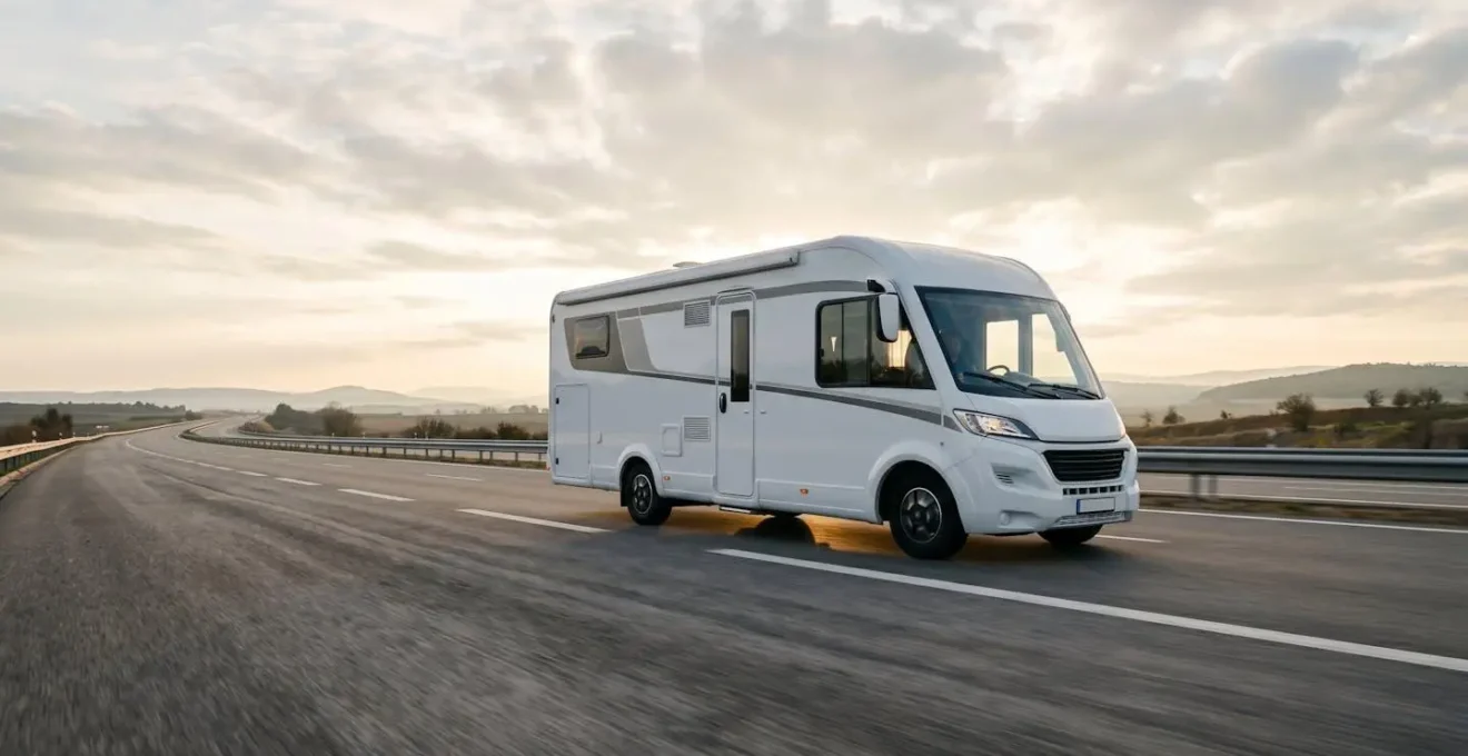 Camping-car profilé moderne sur une route européenne panoramique sous un ciel dégagé