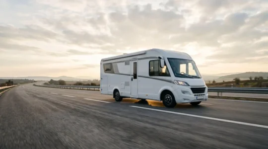 Camping-car profilé moderne sur une route européenne panoramique sous un ciel dégagé