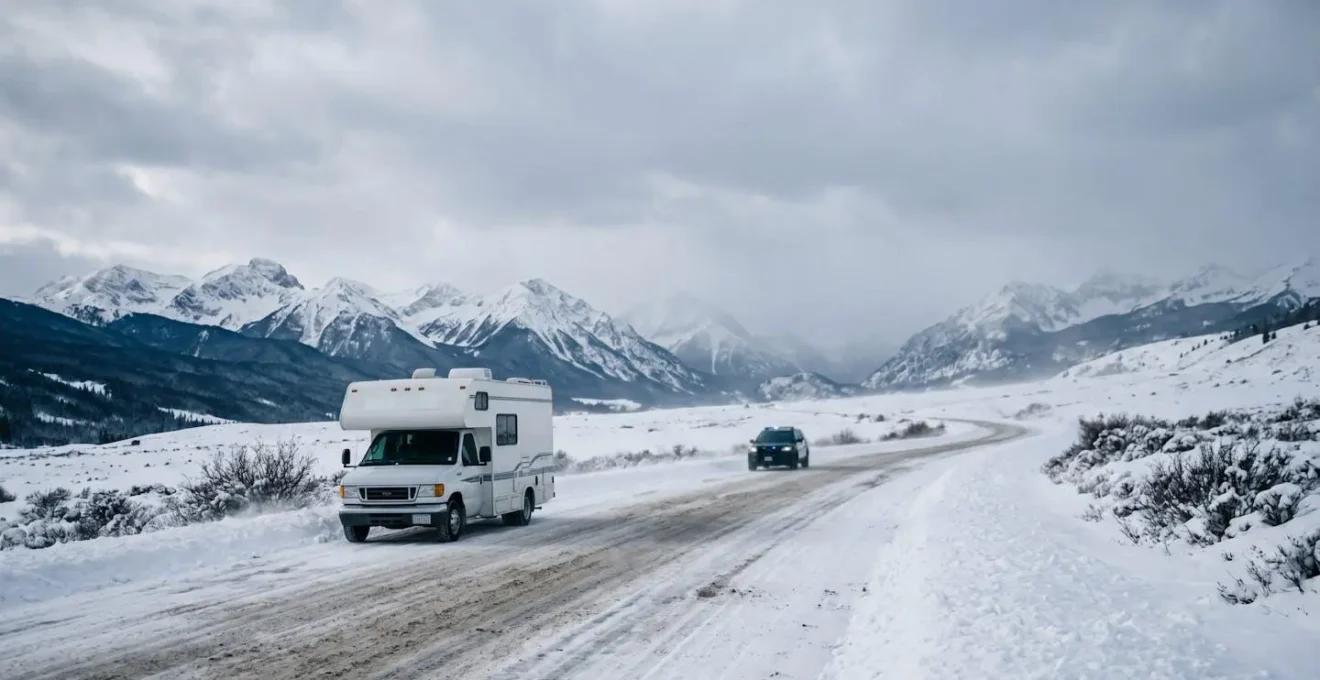 Camping-car stationné sur route de montagne enneigée sous contrôle des forces de l'ordre en hiver