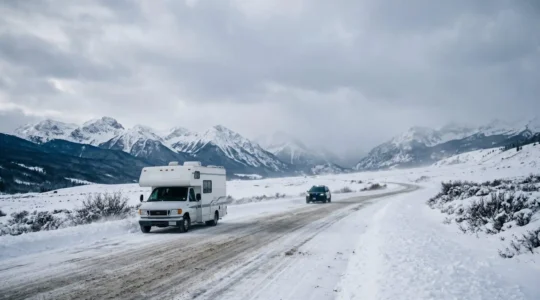 Camping-car stationné sur route de montagne enneigée sous contrôle des forces de l'ordre en hiver