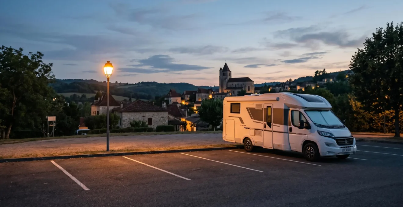 Camping-car garé de nuit sur un emplacement municipal éclairé en France
