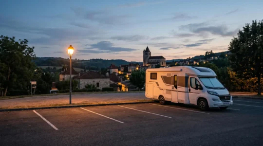 Camping-car garé de nuit sur un emplacement municipal éclairé en France