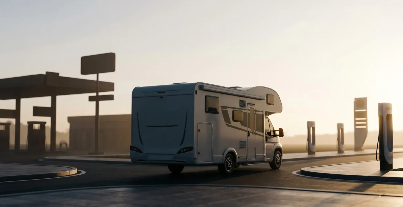 Camping-car moderne face à un carrefour symbolique entre passé thermique et avenir électrique