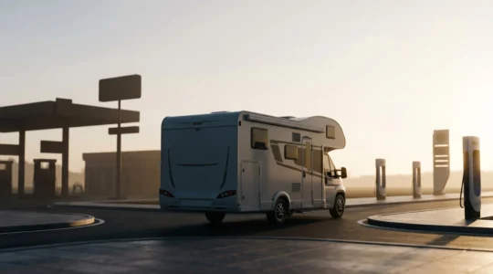 Camping-car moderne face à un carrefour symbolique entre passé thermique et avenir électrique