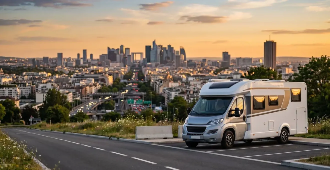 Camping-car moderne face à une zone urbaine française avec signalisation de restriction de circulation