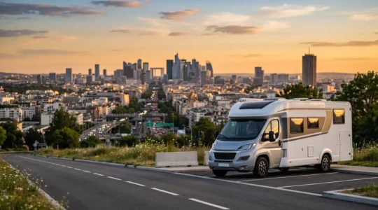 Camping-car moderne face à une zone urbaine française avec signalisation de restriction de circulation