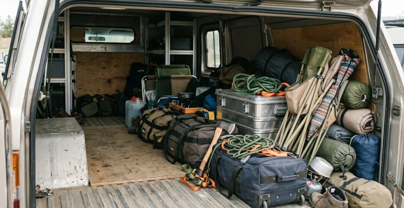 Intérieur d'une soute de camping-car remplie d'objets en vrac créant un déséquilibre dangereux