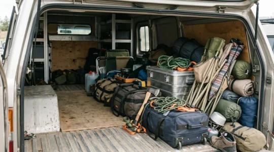 Intérieur d'une soute de camping-car remplie d'objets en vrac créant un déséquilibre dangereux