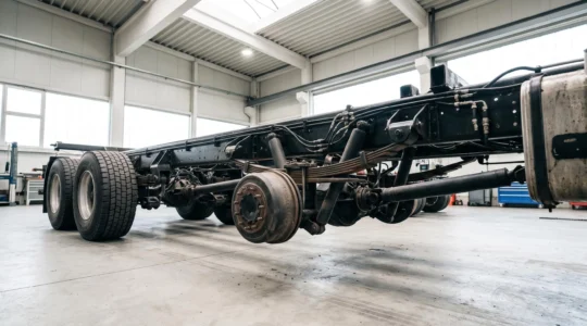 Gros plan détaillé sur le châssis renforcé d'un camping-car de 3,5 tonnes montrant les composants mécaniques sous le véhicule