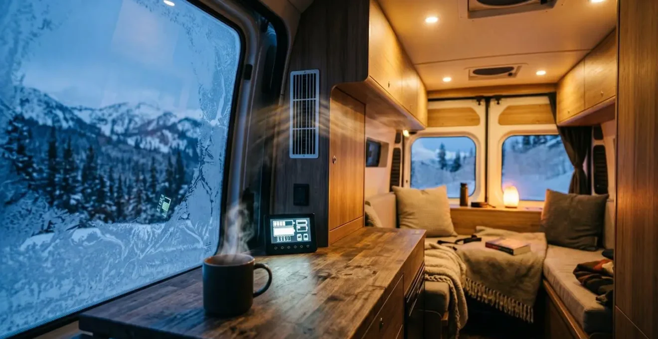 Intérieur chaleureux d'un camping-car en hiver avec système de chauffage autonome et batterie cellule