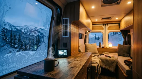 Intérieur chaleureux d'un camping-car en hiver avec système de chauffage autonome et batterie cellule