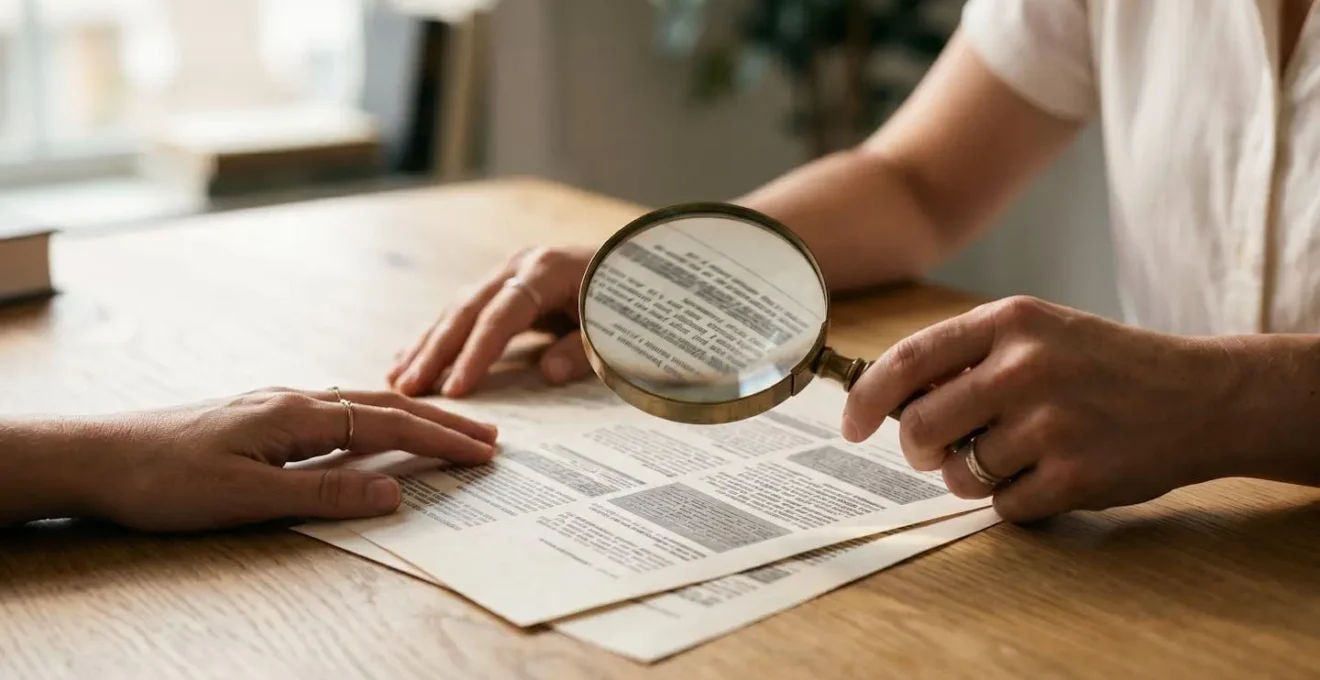 Personne analysant attentivement des documents d'assurance avec une loupe sur un bureau épuré