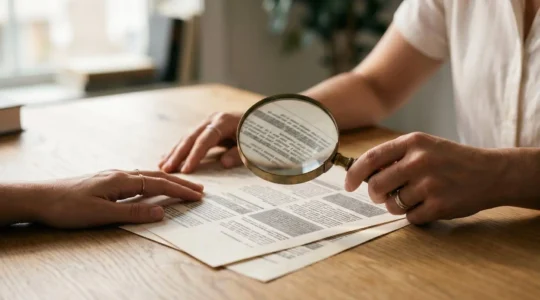 Personne analysant attentivement des documents d'assurance avec une loupe sur un bureau épuré