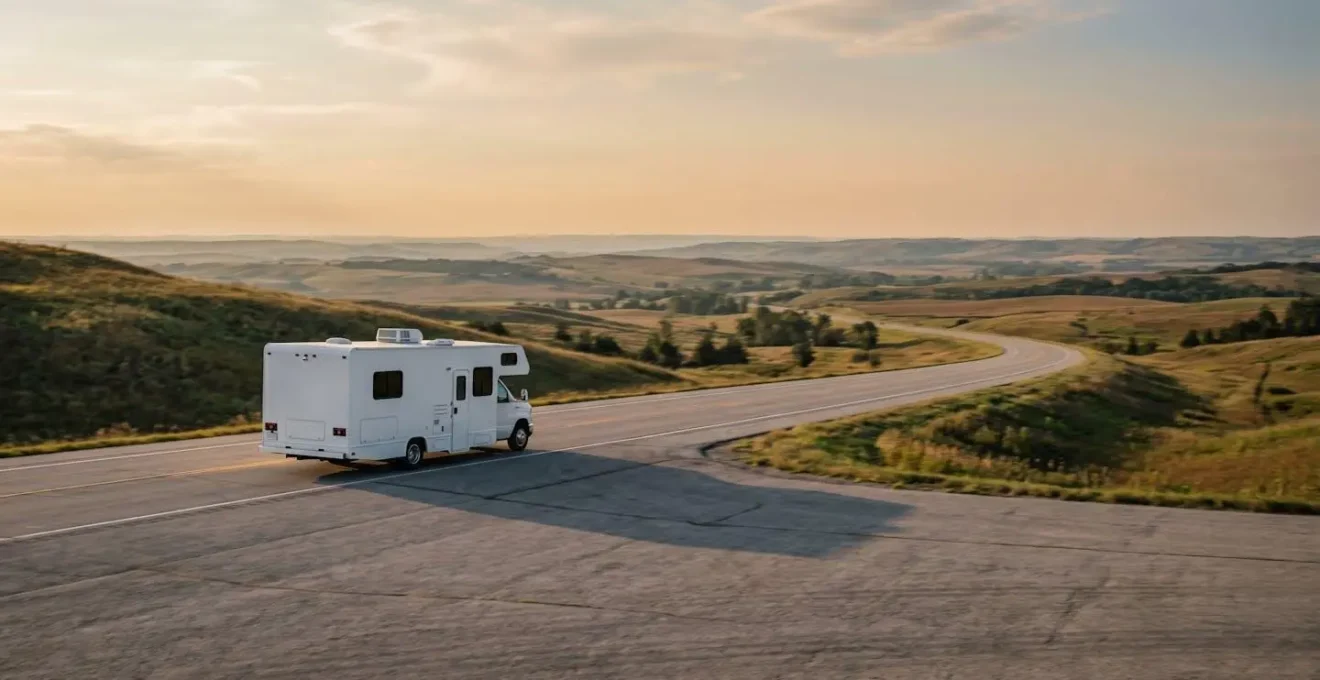 Camping-car capucine moderne circulant sur une route dégagée, paysage naturel en arrière-plan