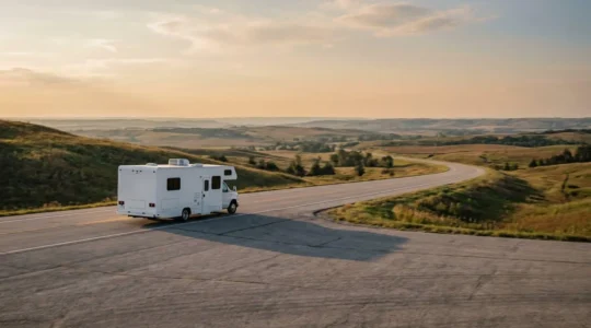Camping-car capucine moderne circulant sur une route dégagée, paysage naturel en arrière-plan