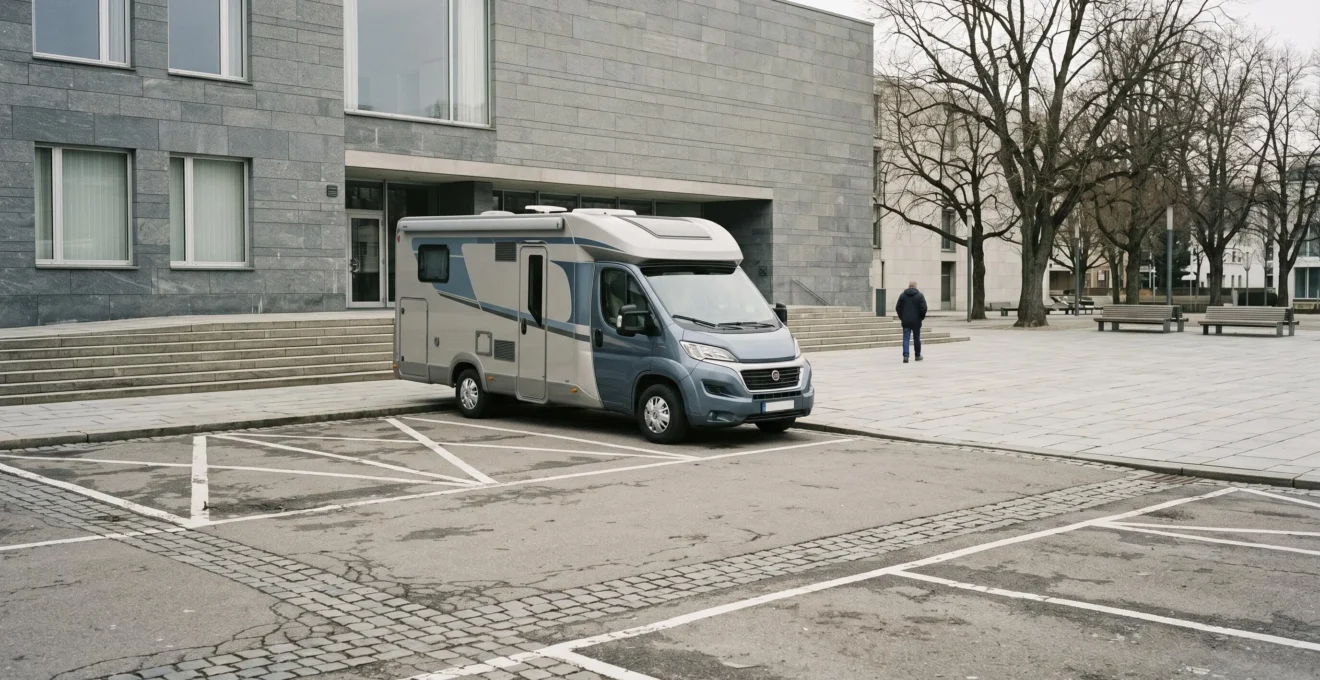 Scène urbaine montrant un camping-car stationné face à des éléments municipaux, symbolisant le conflit entre voyageurs et autorités locales