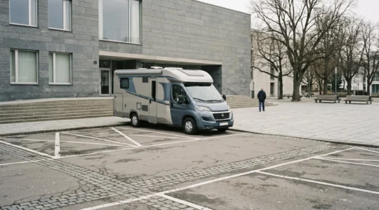 Scène urbaine montrant un camping-car stationné face à des éléments municipaux, symbolisant le conflit entre voyageurs et autorités locales