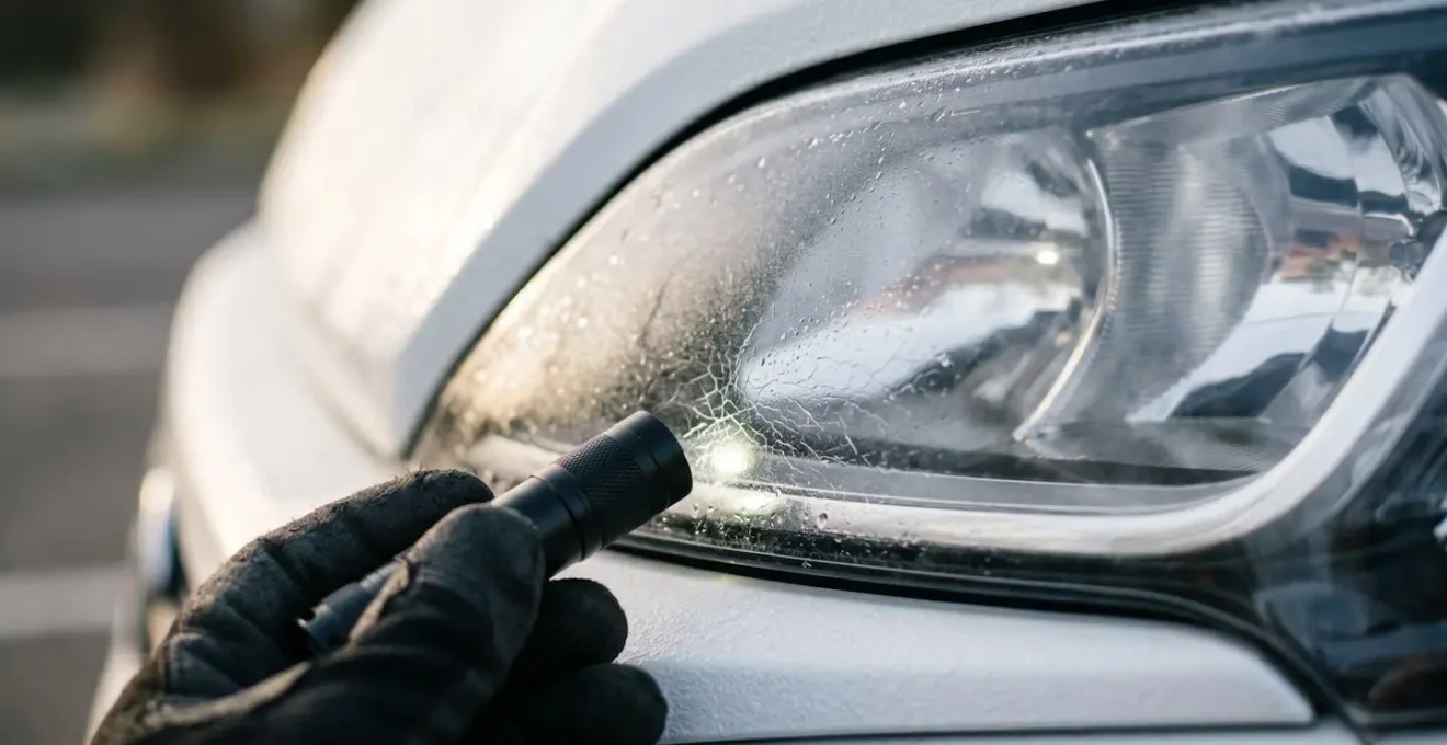 Gros plan sur l'inspection minutieuse d'un phare de camping-car avant le contrôle technique