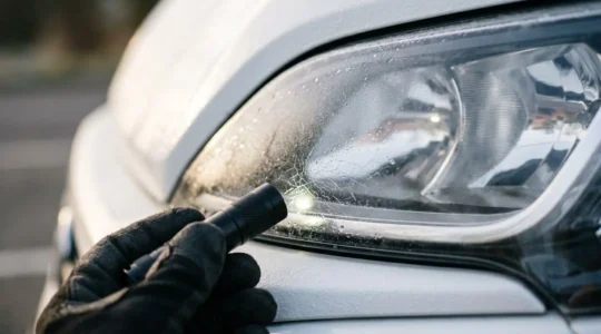 Gros plan sur l'inspection minutieuse d'un phare de camping-car avant le contrôle technique
