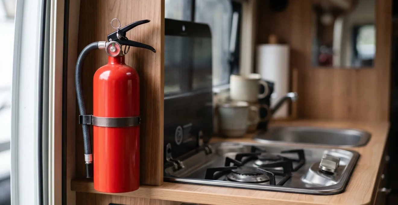Extincteur moderne à portée de main dans un espace cuisine de camping-car confiné avec équipements visibles en arrière-plan