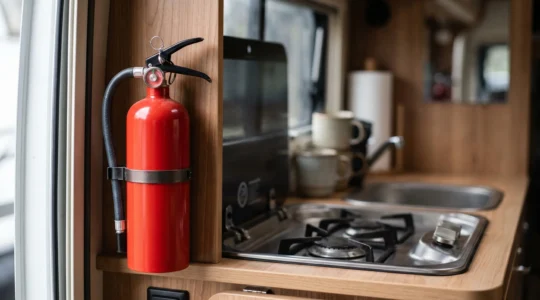 Extincteur moderne à portée de main dans un espace cuisine de camping-car confiné avec équipements visibles en arrière-plan
