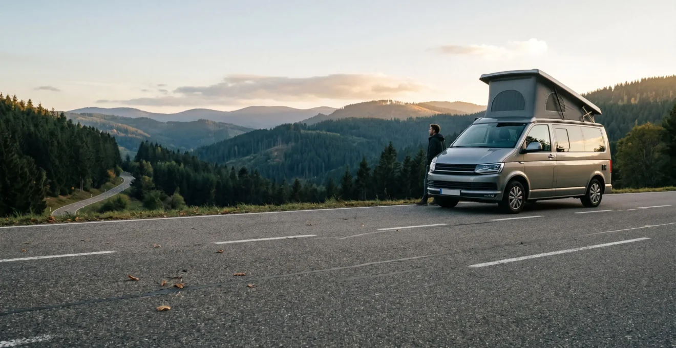 Camping-car moderne stationné dans un environnement naturel européen, symbolisant le voyage et la sécurité en déplacement