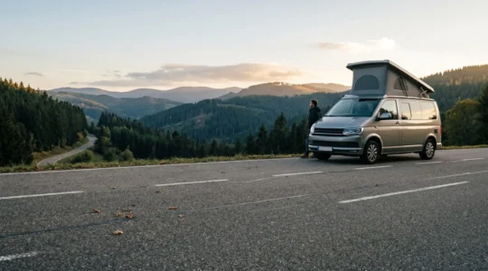 Camping-car moderne stationné dans un environnement naturel européen, symbolisant le voyage et la sécurité en déplacement