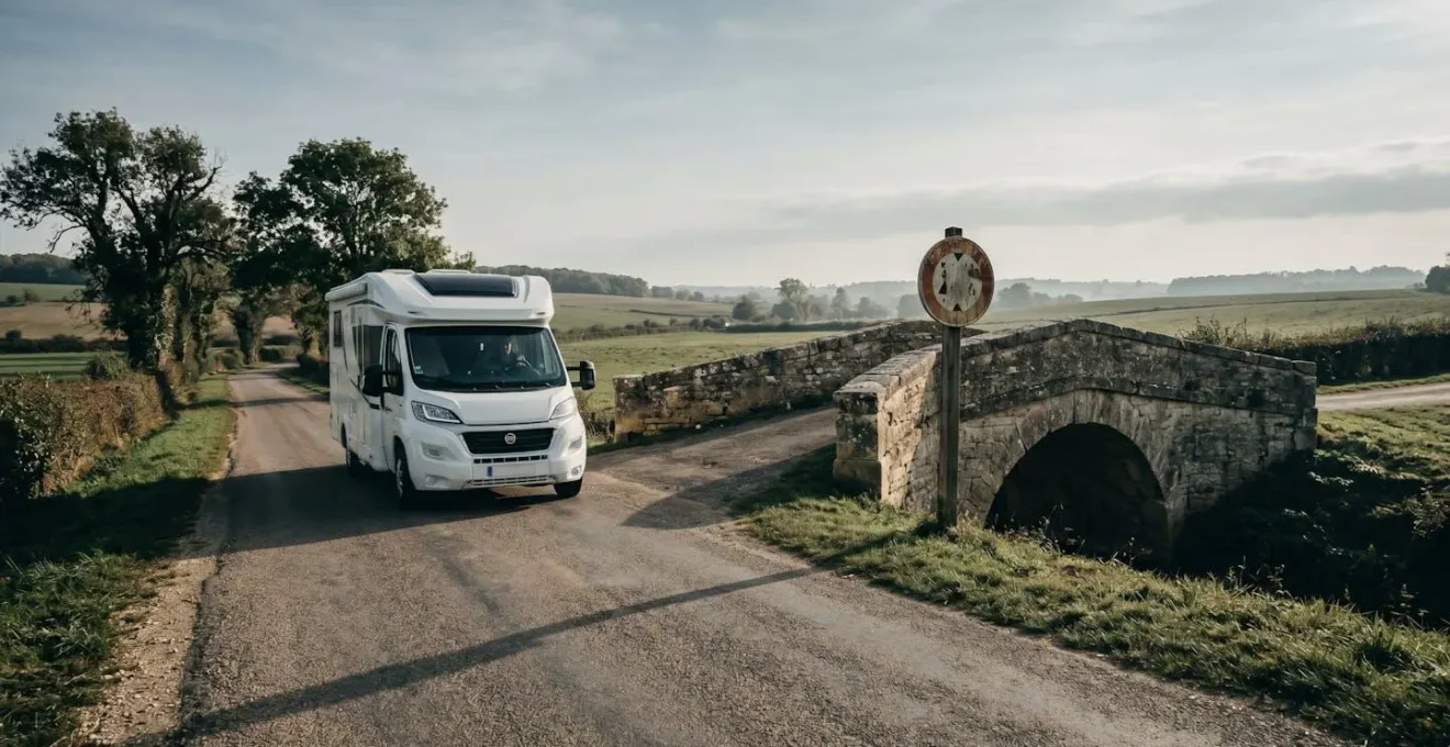 Camping-car circulant prudemment sous un pont avec panneau de hauteur limitée visible, illustrant l'importance d'un GPS spécialisé pour éviter les obstacles