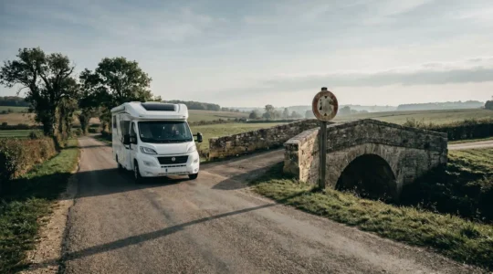 Camping-car circulant prudemment sous un pont avec panneau de hauteur limitée visible, illustrant l'importance d'un GPS spécialisé pour éviter les obstacles