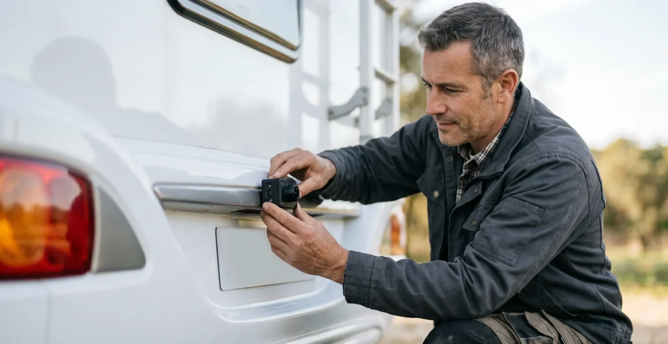 Technicien installant une caméra de recul sur un camping-car sans percer la paroi arrière