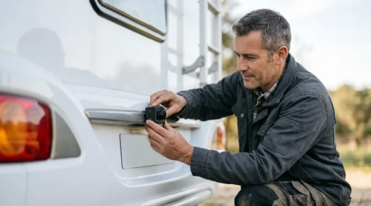 Technicien installant une caméra de recul sur un camping-car sans percer la paroi arrière