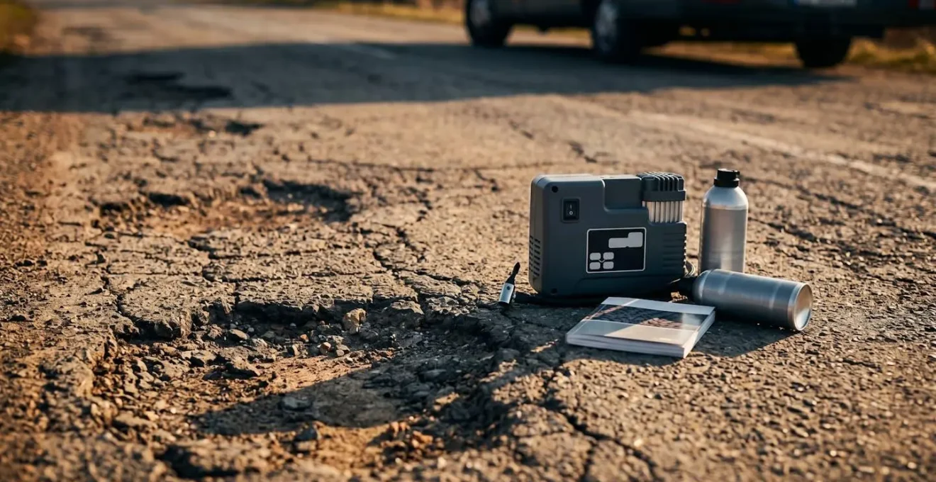 Kit anti-crevaison d'origine avec compresseur et bombe d'étanchéité posé à côté d'un camping-car sur une route dégradée