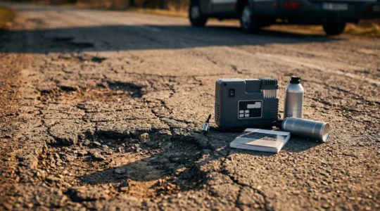 Kit anti-crevaison d'origine avec compresseur et bombe d'étanchéité posé à côté d'un camping-car sur une route dégradée